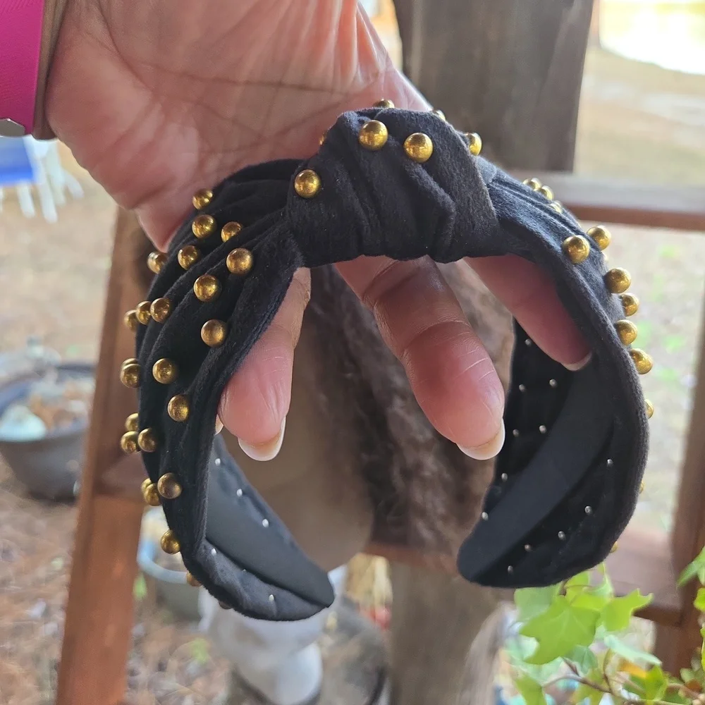 Black top knot wide chunky headband dotted with gold studs Y2K